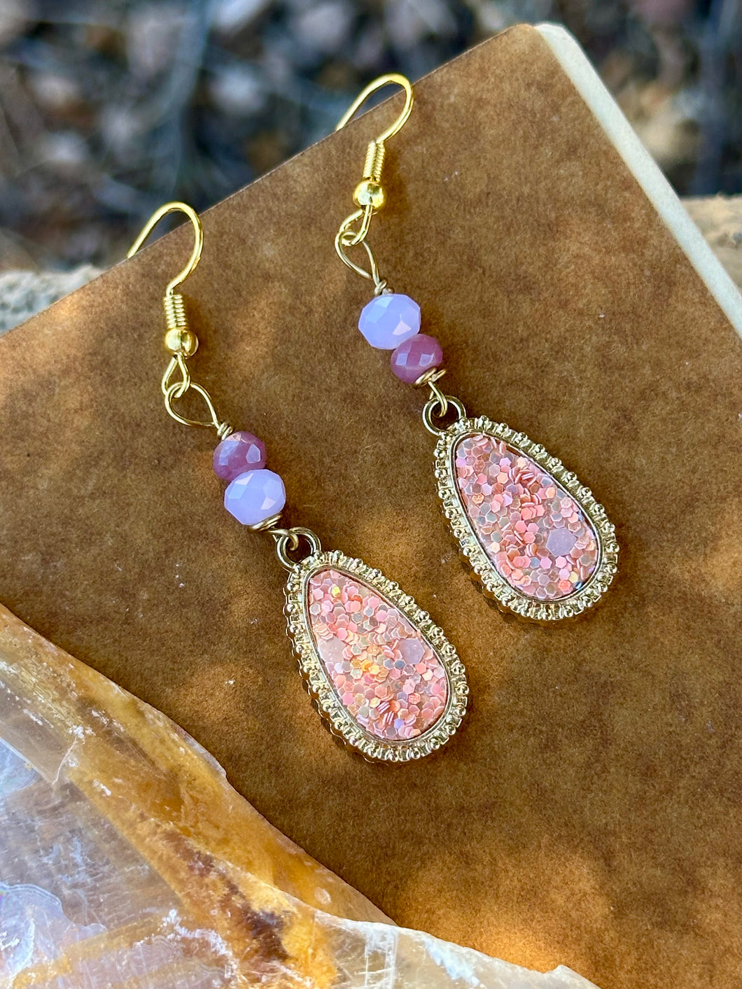 Reserved for Randi l Peach sparkly with ruby earrings