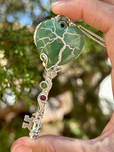 Load image into Gallery viewer, Green aventurine heart with ruby in zoisite inclusions skeleton key wire wrapped pendant talisman necklace
