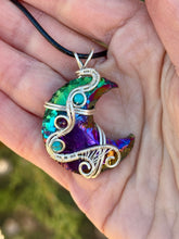 Load image into Gallery viewer, Titanium aura obsidian moon with turquoise + amethyst gem accents wire wrapped pendant necklace

