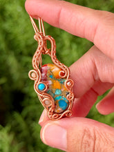 Load image into Gallery viewer, Artisan cab (johari gems) spiny oyster turquoise composite with  turquoise + peach moonstone gem accents wire wrapped pendant necklace
