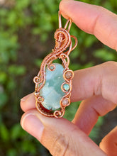 Load image into Gallery viewer, Hemimorphite with Super 7 + Amazonite Gem Accents wire wrapped pendant necklace
