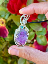 Load image into Gallery viewer, Pink cobalt calcite with moonstone + turquoise  gem accent wire wrapped pendant necklace
