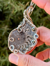 Load image into Gallery viewer, Ammonite with pyrite + sapphire gem accents wire wrapped pendant necklace
