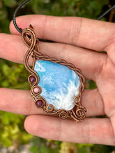 Load image into Gallery viewer, ARTISAN cab (flintstone studio) Aurora Opal Plume Agate Doublet with Ruby + Rhodonite inclusions wire wrapped pendant talisman necklace
