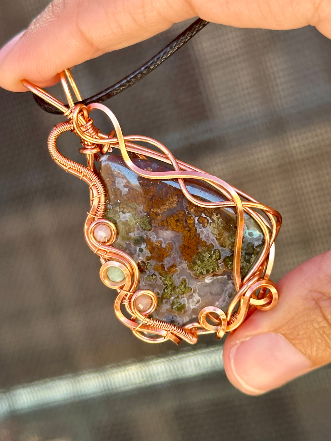 Artisan cab (Ibrahim Opic) Indonesian red moss agate with peach moonstone + amazonite inclusions wire wrapped pendant necklace