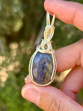 Load image into Gallery viewer, Iolite with green fluorite  gem accents wire wrapped pendant necklace
