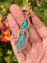 Load image into Gallery viewer, Turquoise with Blue onyx double wire wrapped pendant talisman

