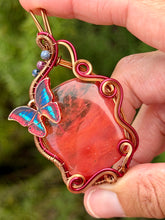Load image into Gallery viewer, Cherry quartz with sapphire + ruby gem accents wire wrapped pendant necklace
