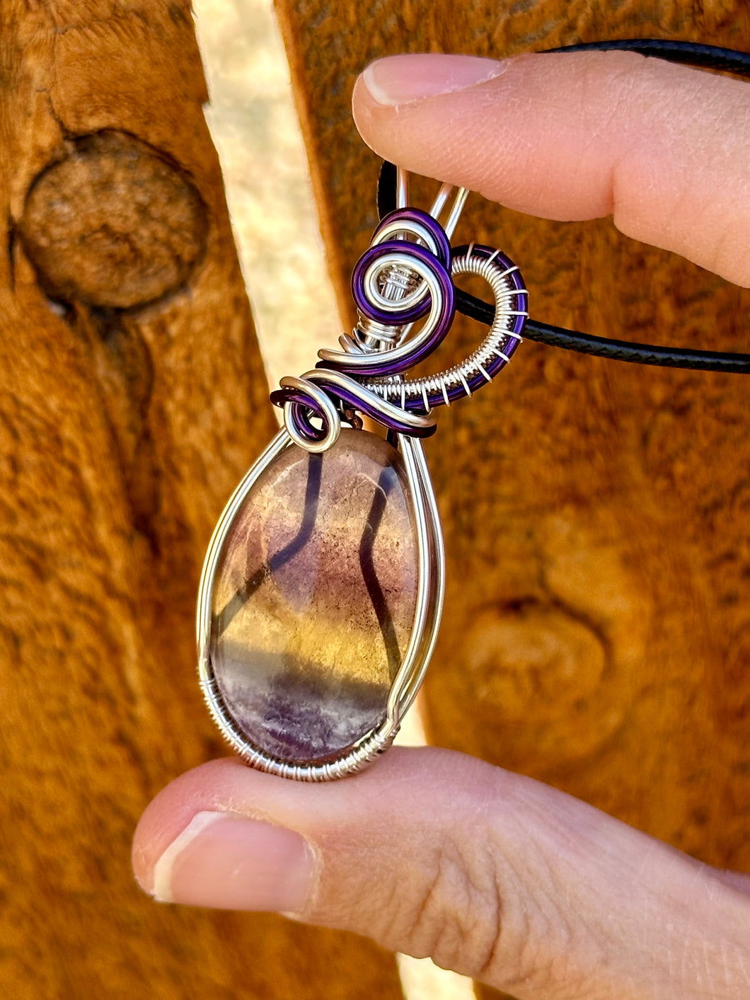 DUO TONED WIRE Rainbow Fluorite pendent wire wrapped pendent