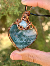 Load image into Gallery viewer, Moss agate with larimar gem accent wire wrapped pendant necklace
