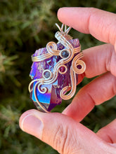 Load image into Gallery viewer, Purple aura quartz cluster with sapphire and raspberry jade gem accent wire wrapped pendant necklace
