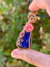 Load image into Gallery viewer, Lapis lazuli with Ruby gem accents wire wrapped pendant necklace
