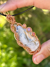 Load image into Gallery viewer, ARTISAN STONE (positive rocks) White tube agate with Rhodonite + lepidolite gem accent wire wrapped pendent necklace
