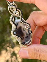 Load image into Gallery viewer, Dendritic opal with snowflake obsidian + labradorite gem accent wire wrapped pendant necklace
