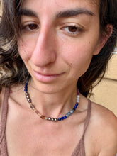 Load image into Gallery viewer, 16” beaded stretchy necklace with super 7, lapis lazuli, lepidolite, aquamarine, pink kunzite
