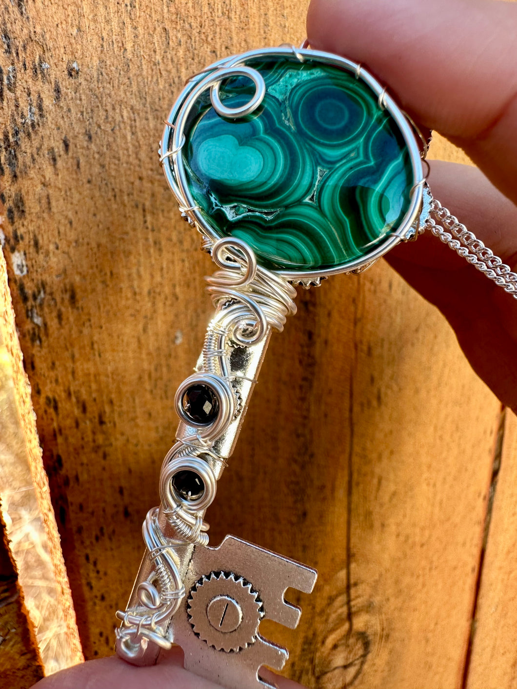 Reserved for Carrie Malachite with Black Onyx Inclusions Wire Wrapped Key Pendent Necklacee