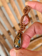 Load image into Gallery viewer, Rhodochrosite + labradorite double decker wire wrapped pendant necklace
