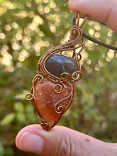 Load image into Gallery viewer, Iolite + sunstone double decker wire wrapped pendant necklace
