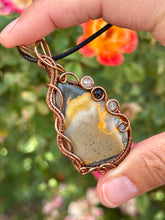 Load image into Gallery viewer, Artisan cab (johari gems) bumblebee jasper with rutile quartz + onyx gem accents wire wrapped pendant necklace

