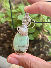 Load image into Gallery viewer, Chrysoprase with pearl inclusions wire wrapped pendant necklace
