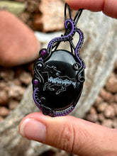 Load image into Gallery viewer, Artisan cab (Marina Rabinskaya) black onyx with amethyst + blue goldstone wire wrapped pendant necklace
