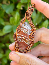 Load image into Gallery viewer, Artisan cab (positive rocks) red river jasper with goldstone + carnelian gem accents wire wrapped pendant necklace
