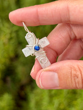 Load image into Gallery viewer, Quartz cross with lapis lazuli gem accent wire wrapped pendant necklace
