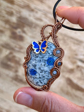 Load image into Gallery viewer, K2 azurite in granite with aquamarine + sapphire inclusions Wire wrapped pendant
