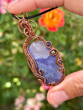 Load image into Gallery viewer, Artisan cab (adit stones) purple (dyed) Indonesian moss agate with sapphire + pyrite gem accent wide wrapped pendant necklace

