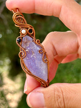 Load image into Gallery viewer, Artisan cab (positive rock) grape agate with pearl +  blue goldstone gem accents wire wrapped pendant necklace
