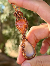 Load image into Gallery viewer, Sunstone + grey moonstone double decker wire wrapped pendant necklace
