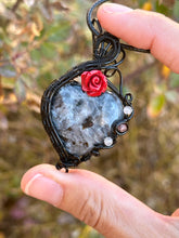 Load image into Gallery viewer, Larvikite with labradorite + strawberry quartz gem accents wire wrapped pendant necklace
