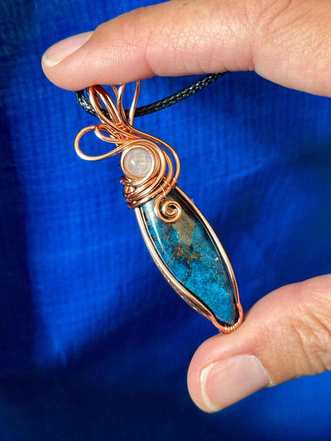 Azurite with moonstone inclusion wire wrapped pendant talisman necklace