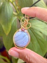 Load image into Gallery viewer, Blue lace agate with rose quartz + Rhodonite gem accents wire wrapped pendant talisman necklace
