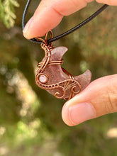 Load image into Gallery viewer, Strawberry quartz moon with rose quartz gem accents wire wrapped pendant necklace
