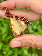 Load image into Gallery viewer, Artisan cab (positive rock) druzy carnelian with garnet + tiger eye, carnelian gem accents wire wrapped pendant necklace
