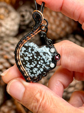 Load image into Gallery viewer, Snowflake obsidian with moonstone + garnet gem accents wire wrapped pendant necklace
