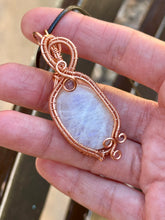 Load image into Gallery viewer, Moonstone with amethyst inclusion Wire wrapped pendant
