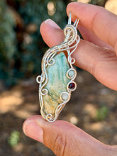 Load image into Gallery viewer, Mariposite with Amazonite + garnet gem accent wire wrapped pendant necklace
