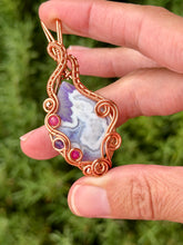 Load image into Gallery viewer, Artisan cab (positive rock) purple aurora opal/plume agate doublet with pink jade + amethyst + copper gem accents wire wrapped pendant necklace
