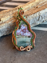 Load image into Gallery viewer, Artisan cab (positive rocks) Indian agate with prehnite with zoisite gem accent wire wrapped pendant necklace

