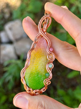 Load image into Gallery viewer, Artisan cab (positive rocks) rainbow dragon vein agate with rhodonite, citrine, green aventurine, green mica gem accents wire wrapped pendant necklace
