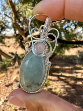 Load image into Gallery viewer, Reserved for Colleen t aquamarine with Rose quartz gem inclusion Wire Wrapped Pendent Necklace
