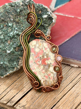 Load image into Gallery viewer, Unakite with rose quartz + peridot gem accent wire wrapped pendant necklace
