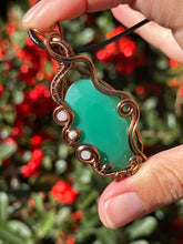 Load image into Gallery viewer, Faceted green onyx with moonstone + pearl gem accents wire wrapped pendant necklace

