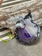 Load image into Gallery viewer, Purple agate with onyx + strawberry quartz gem accent wire wrapped pendant
