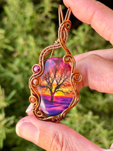 Load image into Gallery viewer, Artisan cab (johari gems) Sunset Tree of life Resin Cab with ruby, goldstone, carnelian gem accents wire wrapped pendant necklace
