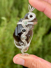 Load image into Gallery viewer, Raw smoky quartz cluster with blue kyanite + black tourmaline gem accents wire wrapped pendant necklace
