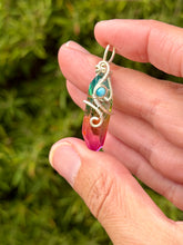 Load image into Gallery viewer, Rainbow aura quartz with blue apatite gem accents mini wire wrapped pendant necklace
