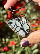 Load image into Gallery viewer, ARTISAN STONE (positive rocks) Black scenic Maligano Jasper with obsidian + moonstone gem accents tree of life wire wrapped pendant necklace
